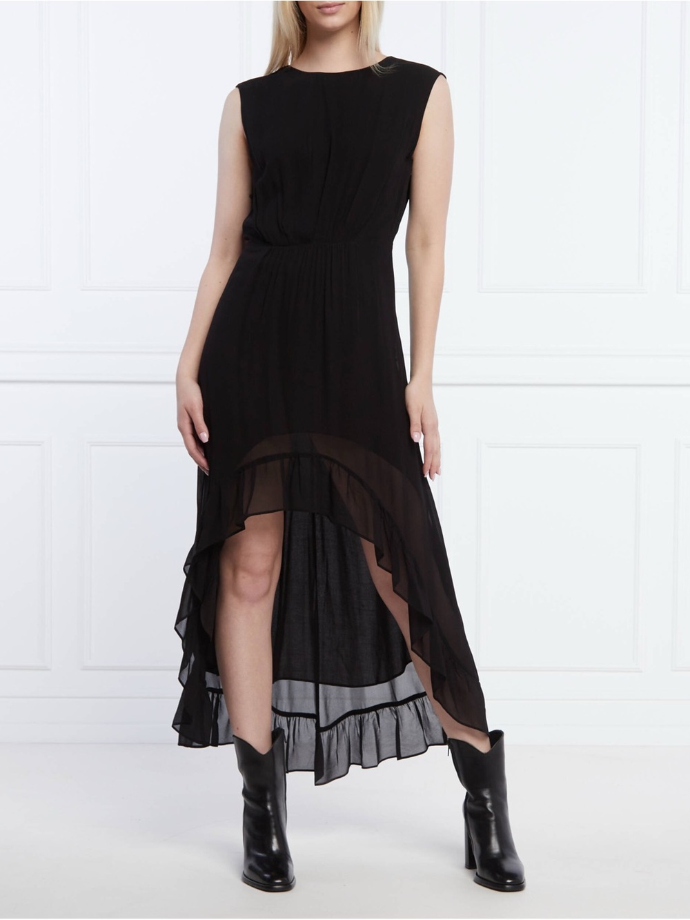The Kooples Long Draped Black Sleeveless High-Low Ruffle Dress